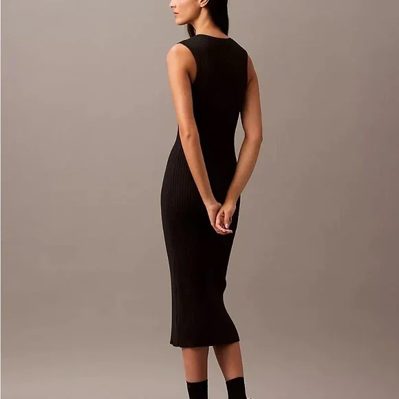 Calvin Klein smooth cotton rib sweater midi v neck dress - Picture 3 of 4